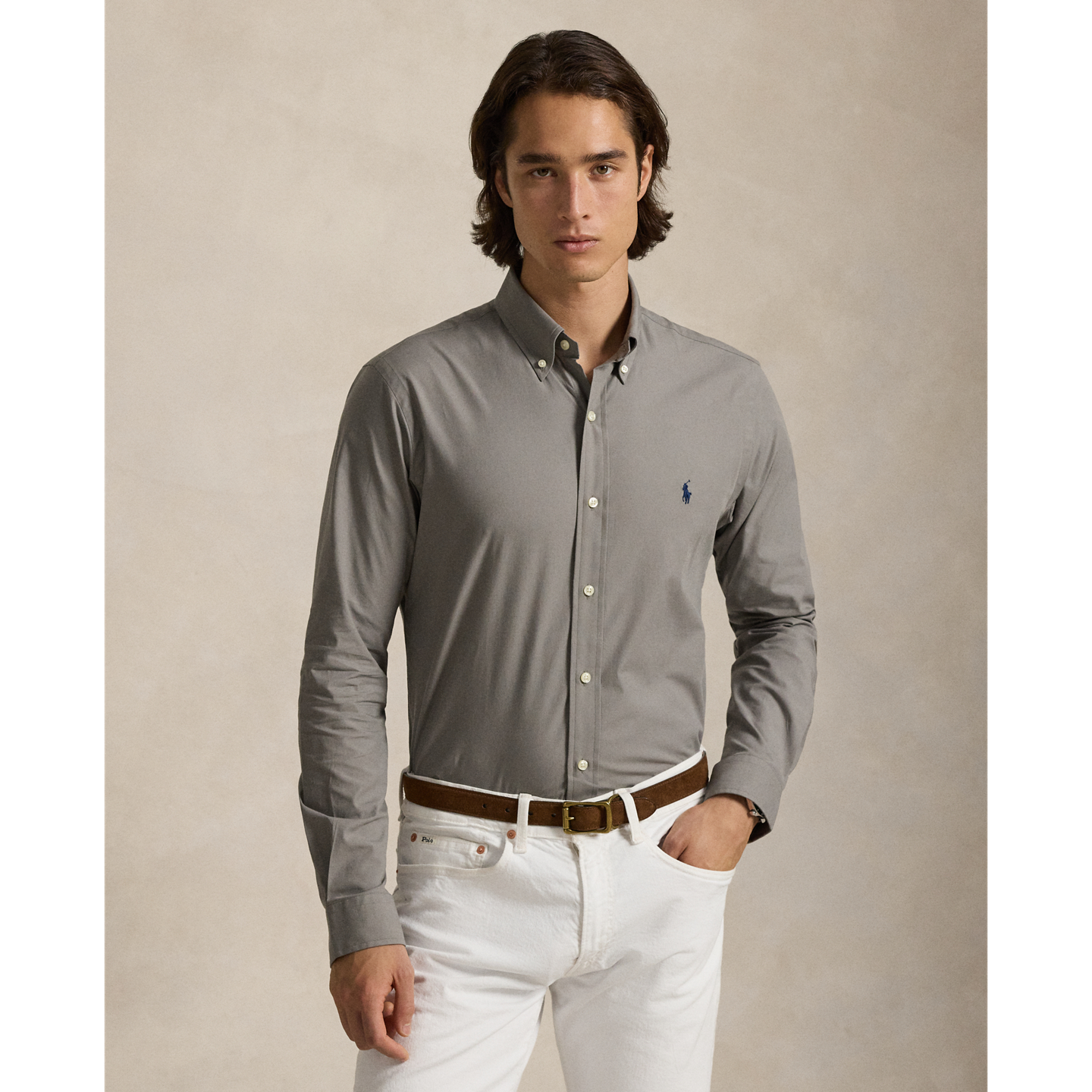 Мужская рубашка Ralph Lauren Slim Fit Stretch Poplin, цвет: Серый — фото 4