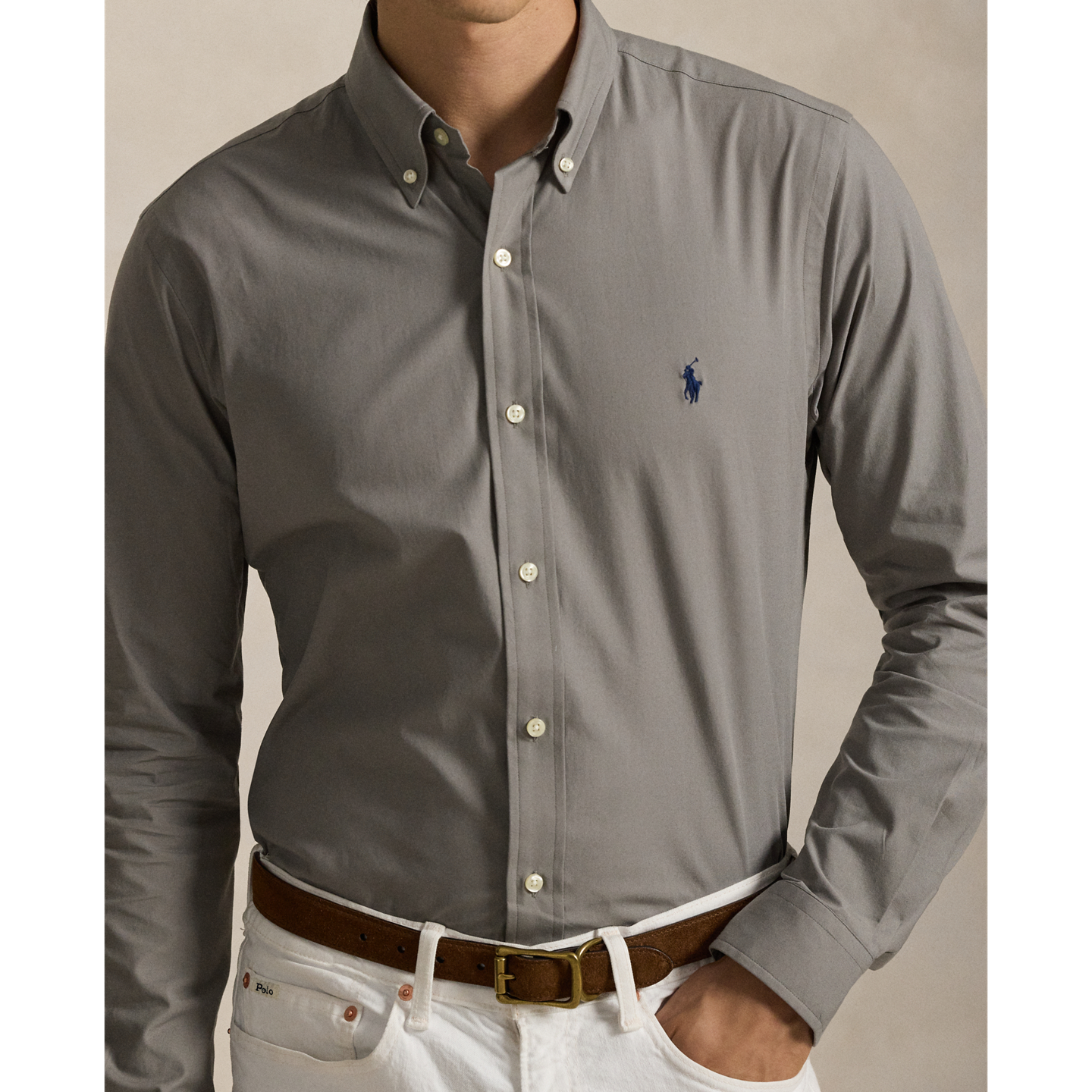 Мужская рубашка Ralph Lauren Slim Fit Stretch Poplin, цвет: Серый — фото 3