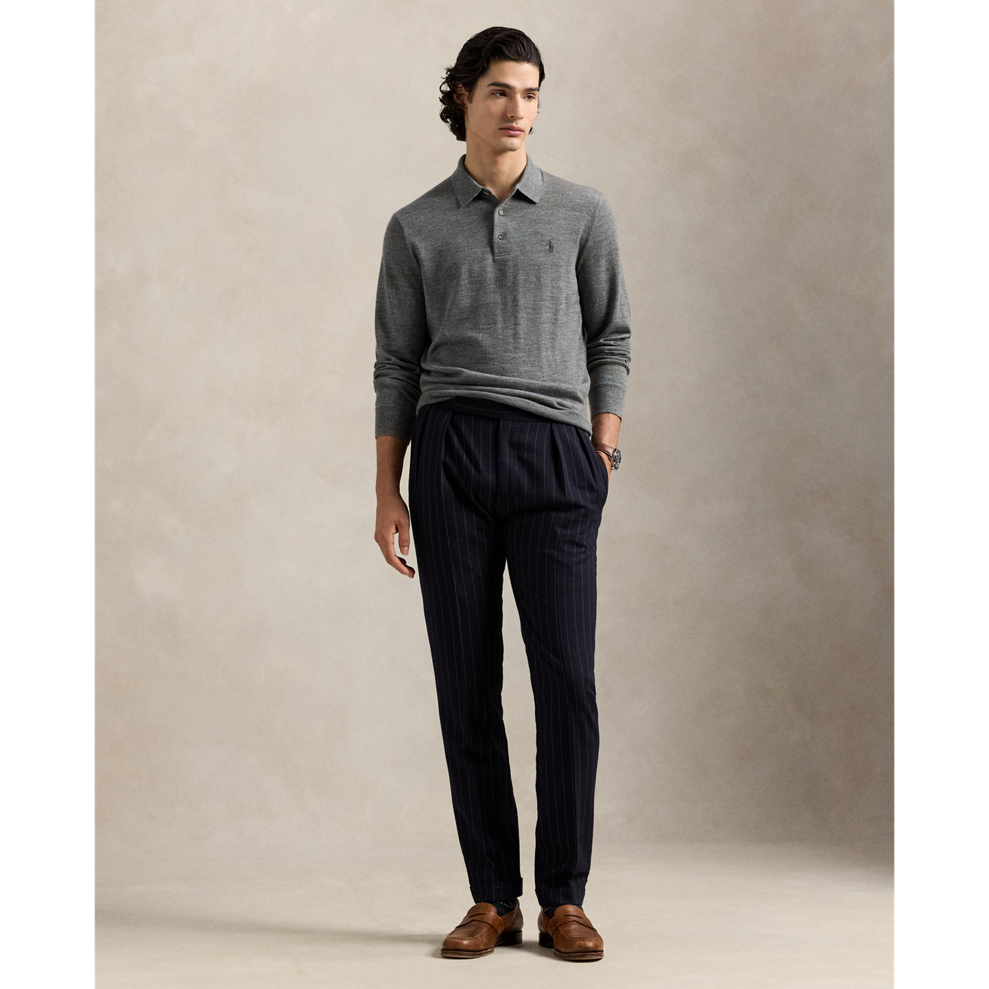 Мужской свитер Ralph Lauren Washable Wool Polo-Collar, цвет: Палевый серый меланжевый — фото 1