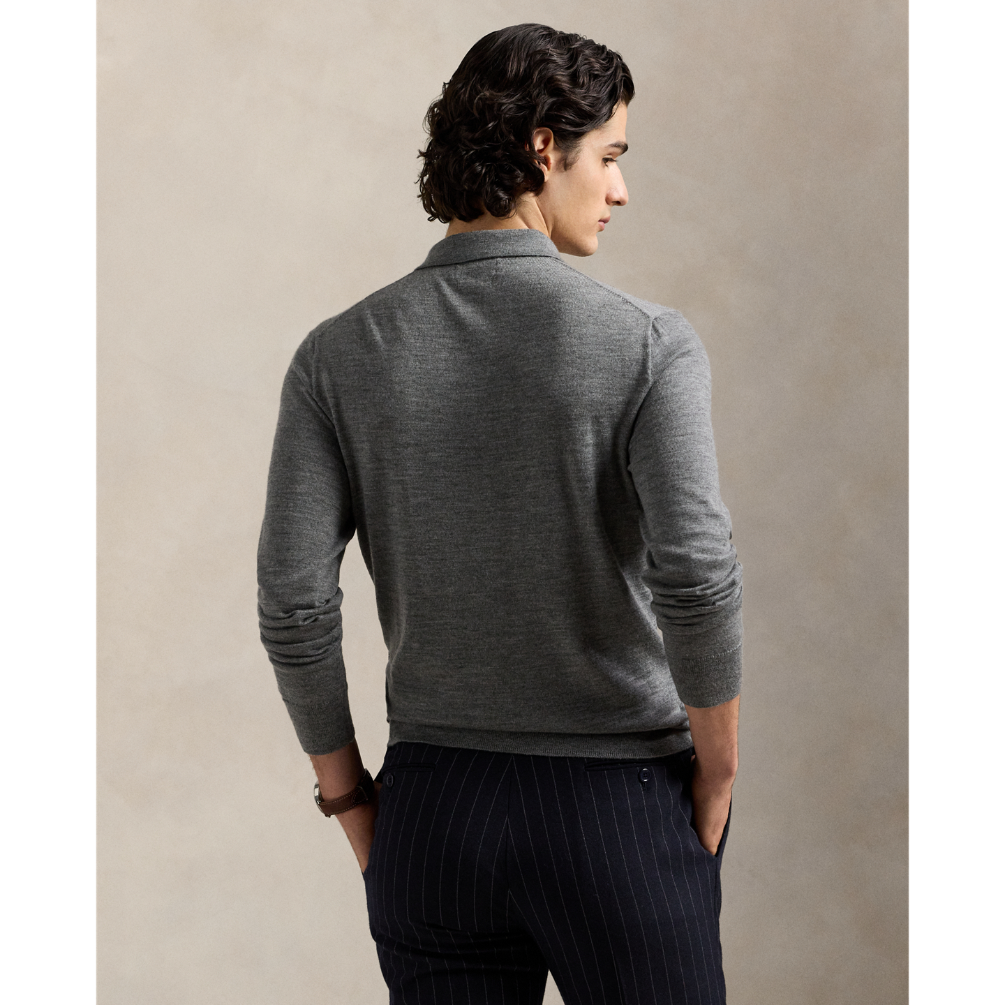 Мужской свитер Ralph Lauren Washable Wool Polo-Collar, цвет: Палевый серый меланжевый — фото 2