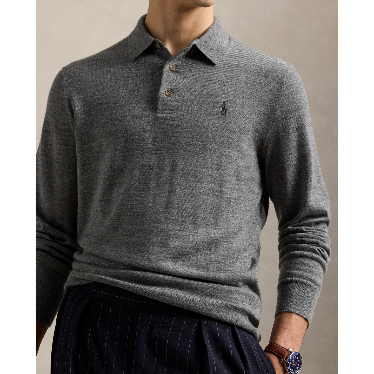 Мужской свитер Ralph Lauren Washable Wool Polo-Collar, цвет: Палевый серый меланжевый — фото 3