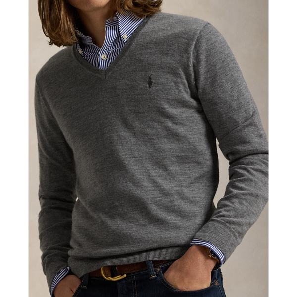 Fawn Grey Heather Washable Wool V-Neck Sweater Polo Ralph Lauren 6