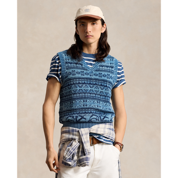 Fair Isle Indigo Cotton Sleeveless Jumper for Men Ralph Lauren UK