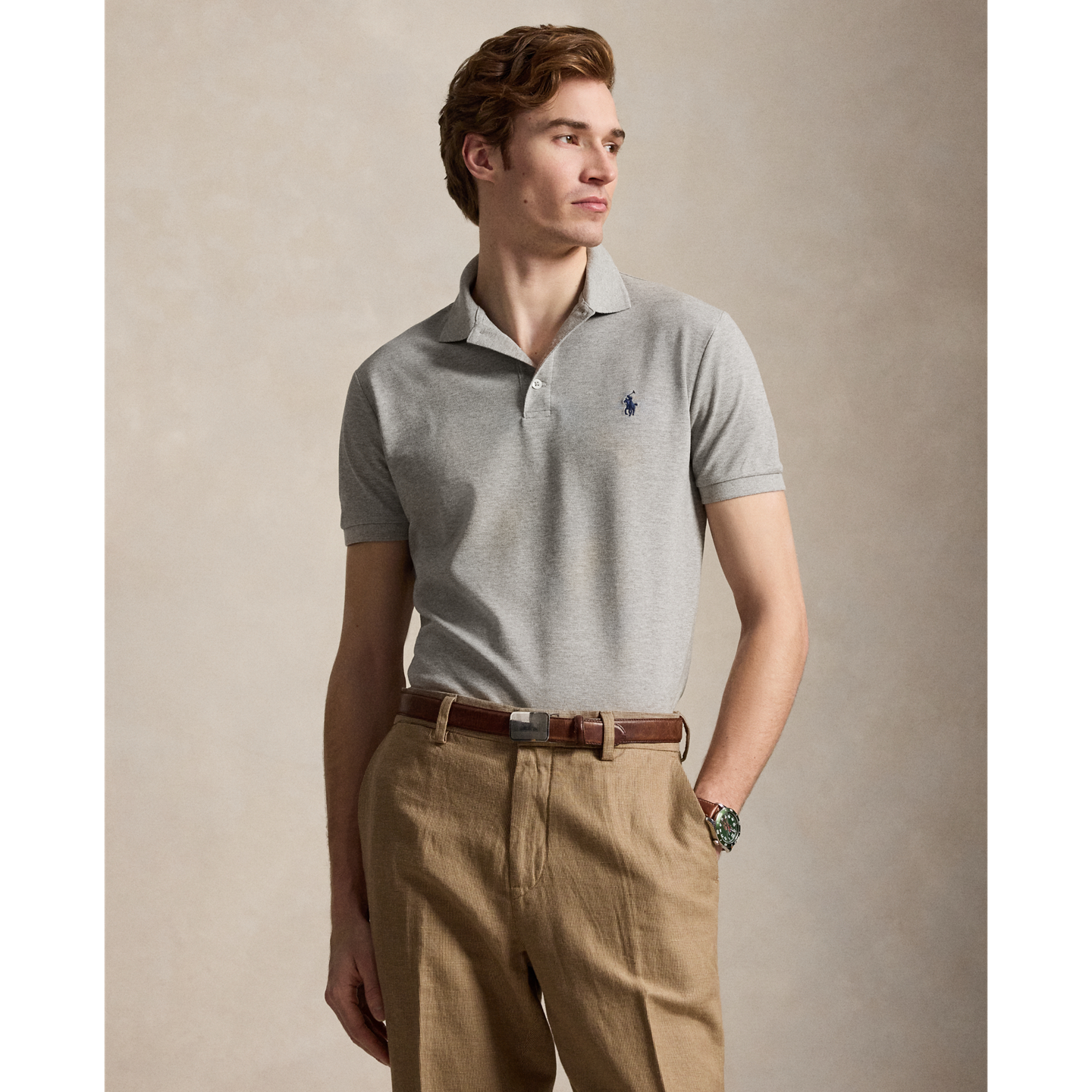 Мужское поло Ralph Lauren Custom Slim Fit Stretch Mesh Polo, цвет: Меланжевый — фото 5