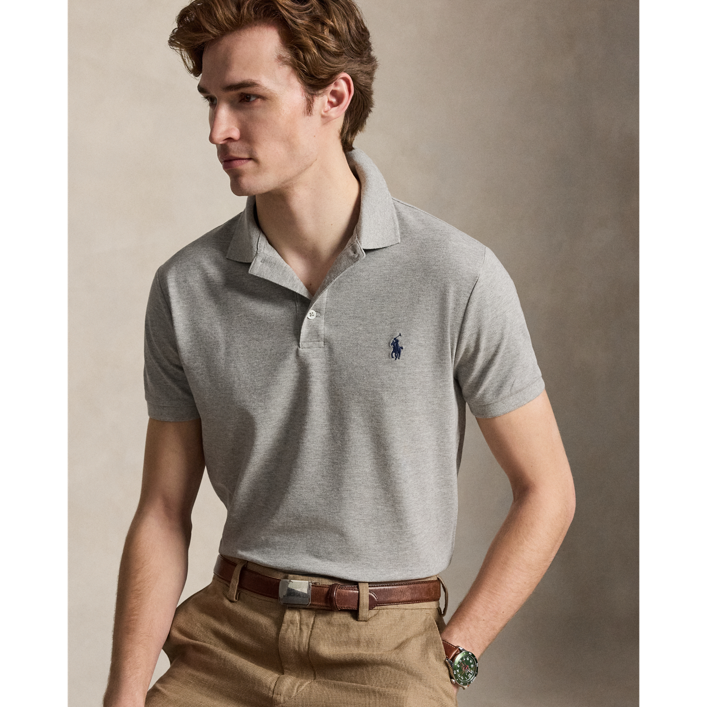 Мужское поло Ralph Lauren Custom Slim Fit Stretch Mesh Polo, цвет: Меланжевый — фото 4