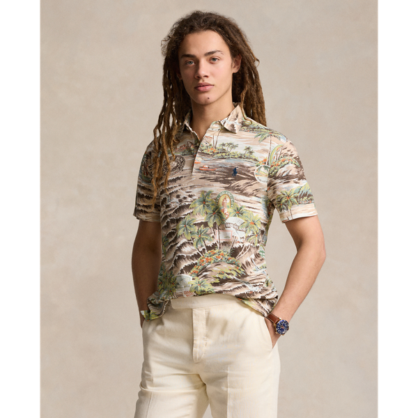 Classic Fit Beach-Print Mesh Polo Shirt