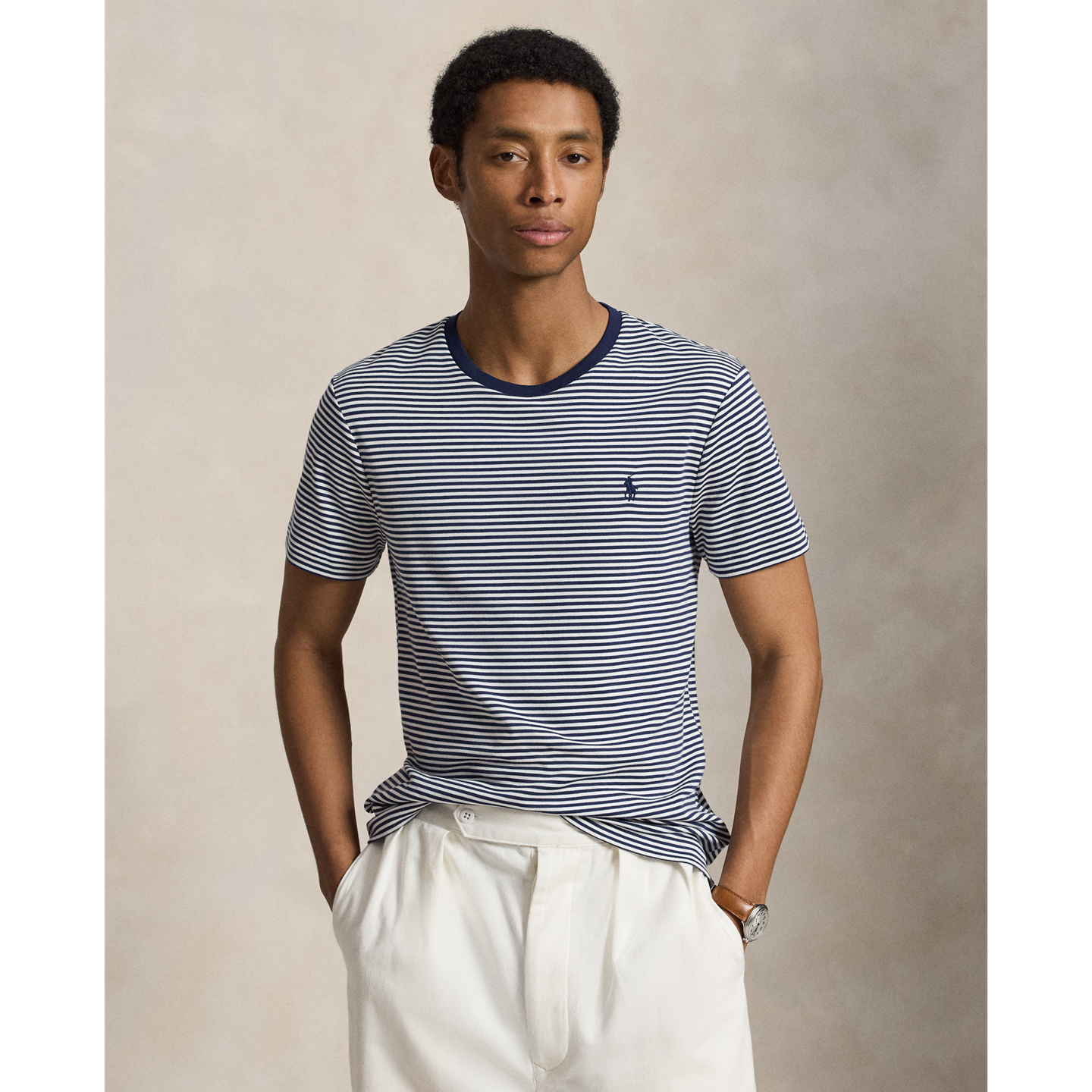Мужская футболка Ralph Lauren Custom Slim Fit Soft Cotton, цвет: Тёмно-синий / Белый — фото 5