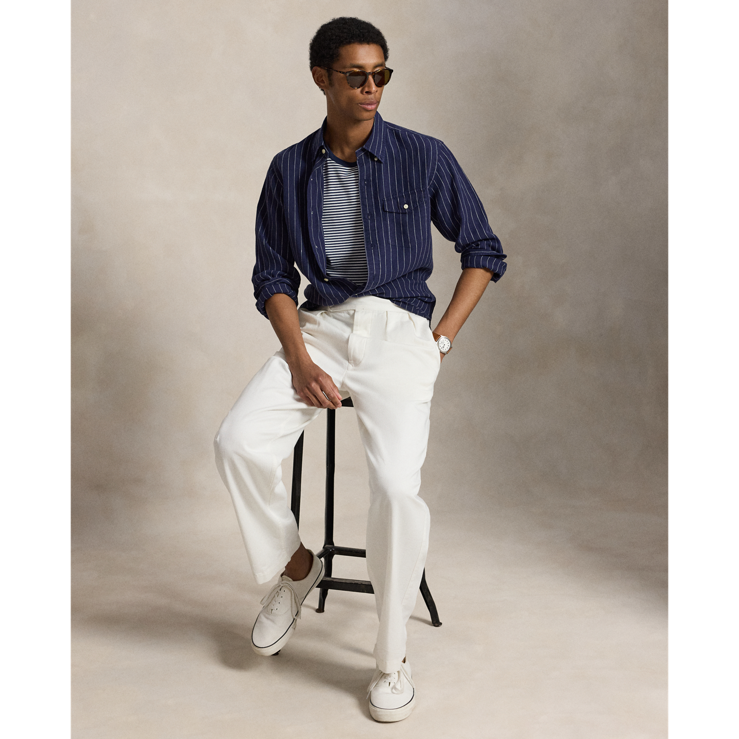 Мужская футболка Ralph Lauren Custom Slim Fit Soft Cotton, цвет: Тёмно-синий / Белый — фото 4