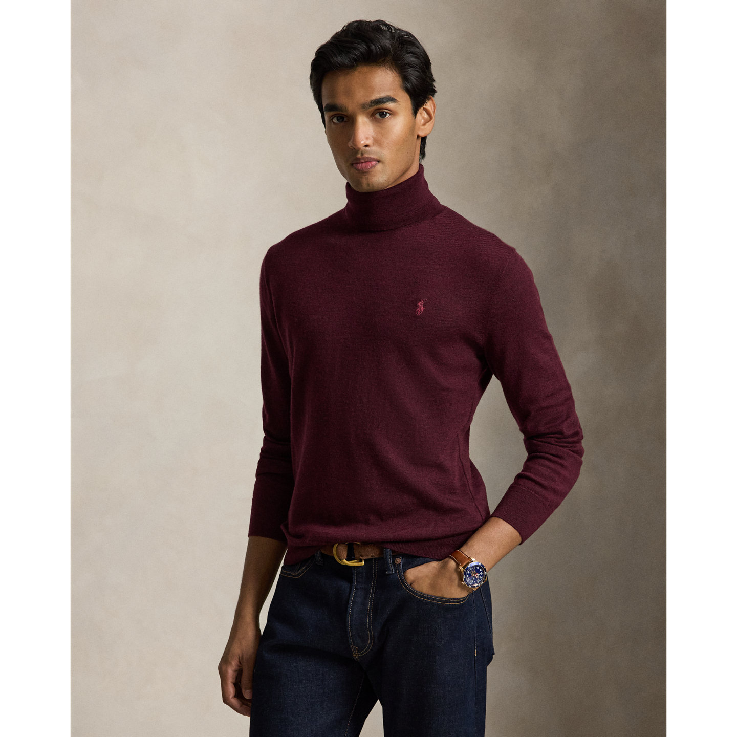 Мужской свитер Ralph Lauren Washable Wool Turtleneck, цвет: Винный меланжевый — фото 5