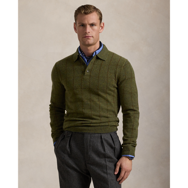 Plaid Wool-Cashmere Polo-Collar Sweater