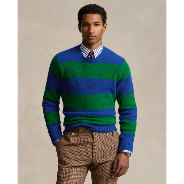 Blue Green Combo Suede-Patch Striped Sweater Polo Ralph Lauren 1