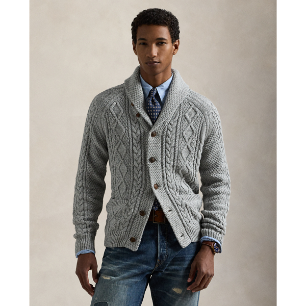 Men's aran shawl collar cardigan hotsell