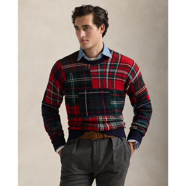 Navy Combo Plaid Patchwork Wool-Blend Sweater Polo Ralph Lauren 1