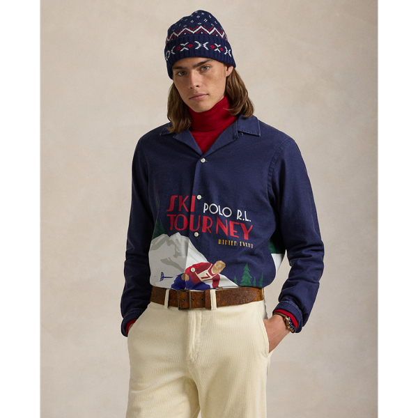 Ski Tourney Poster A Classic Fit Skier-Print Satin Camp Shirt Polo Ralph Lauren 1