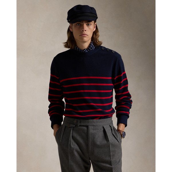 Rl Navy/Rl Red Striped Waffle-Knit Crewneck Polo Ralph Lauren 1