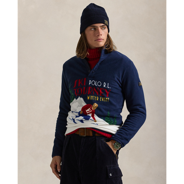 Skier-Print Brushed Fleece Pullover