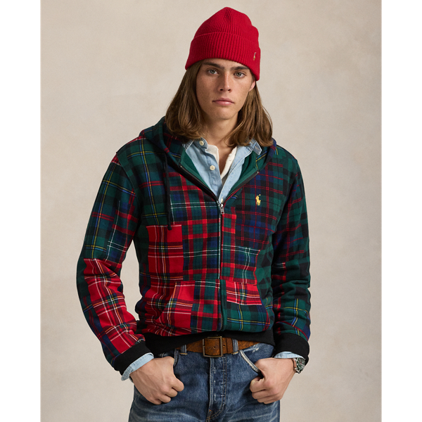 Plaid Patchwork Print Fleece Hoodie