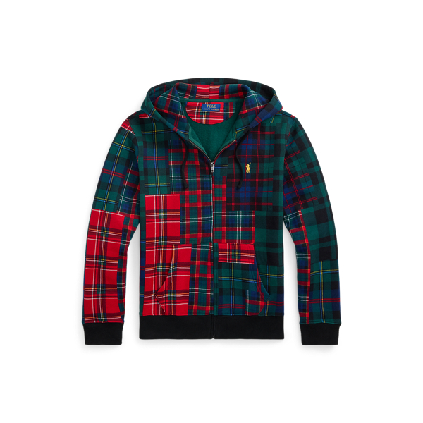 Plaid Patchwork Print Fleece Hoodie