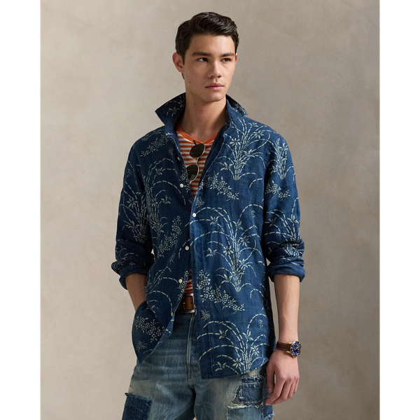 Classic Fit Indigo Floral Linen Shirt