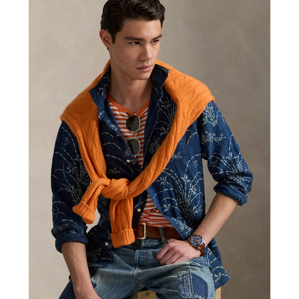 Classic Fit Indigo Floral Linen Shirt