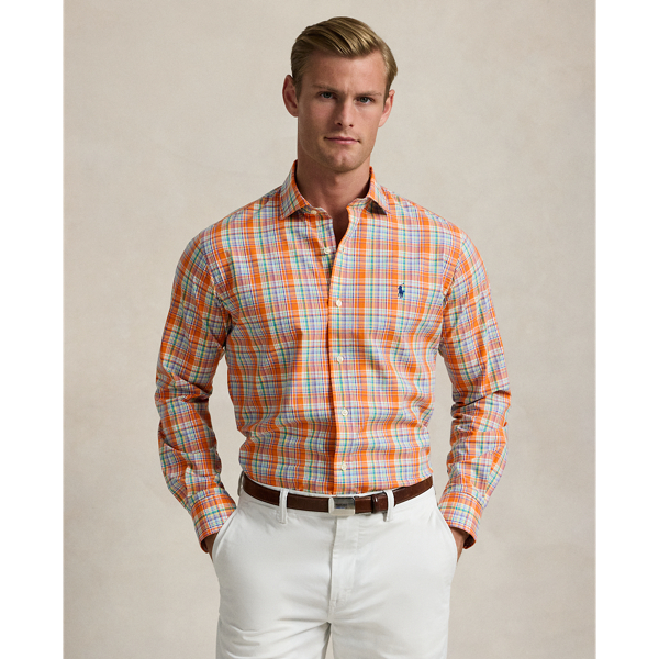 Orange Green Multi Classic Fit Plaid Stretch Poplin Shirt Polo Ralph Lauren 1