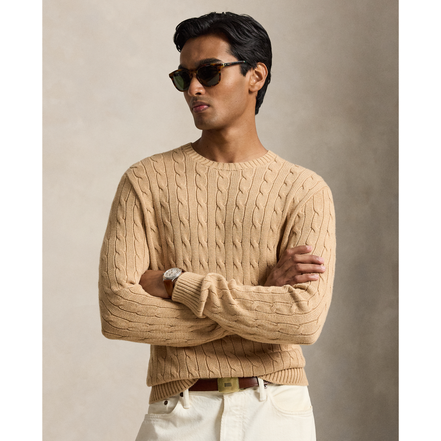 Мужской свитер Ralph Lauren Cable-Knit Cotton Crewneck, цвет: Верблюжий меланжевый — фото 4