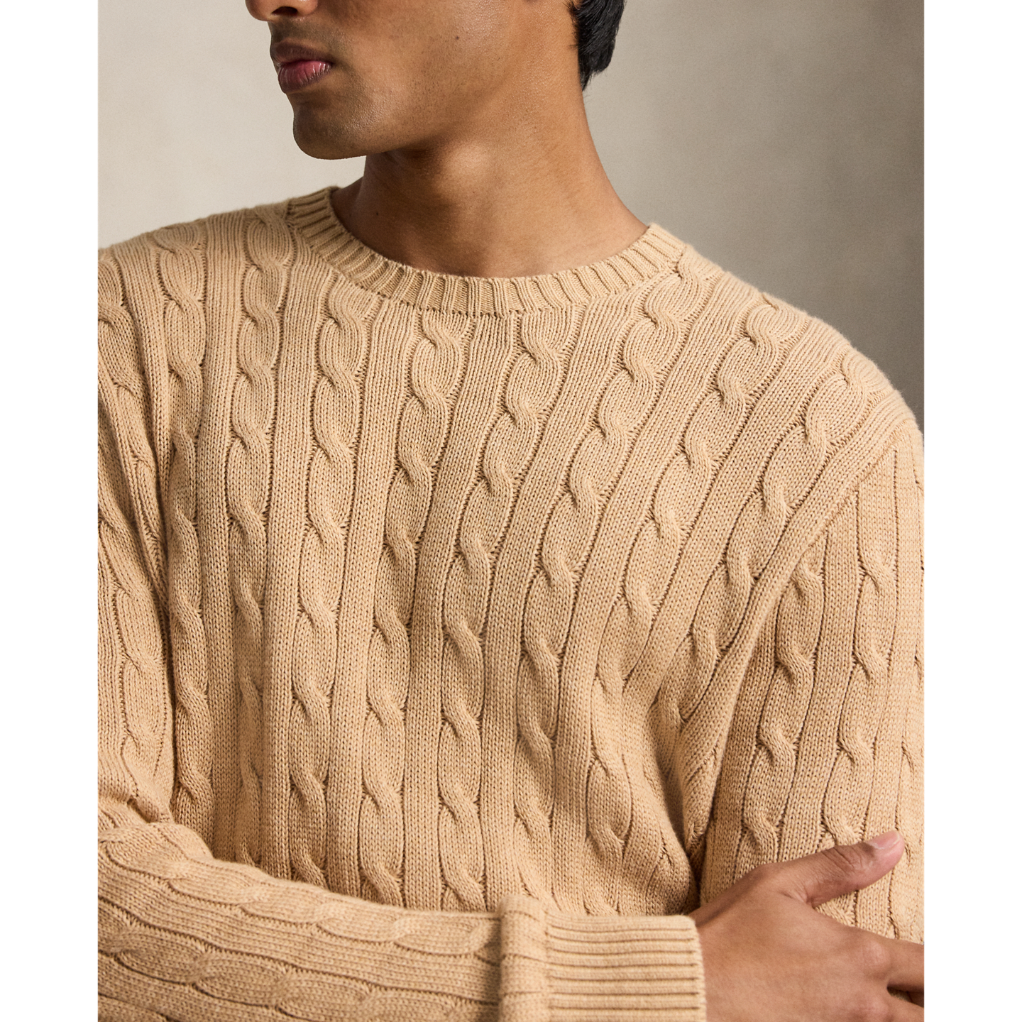 Мужской свитер Ralph Lauren Cable-Knit Cotton Crewneck, цвет: Верблюжий меланжевый — фото 3