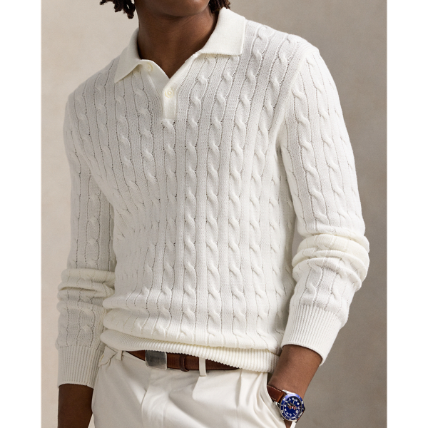 Cable-Knit Cotton Polo-Collar Sweater