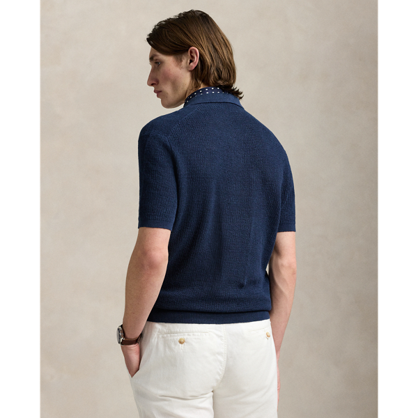 Blue Mesh-Knit Linen Johnny-Collar Sweater Polo Ralph Lauren 5