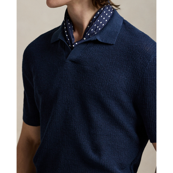 Blue Mesh-Knit Linen Johnny-Collar Sweater Polo Ralph Lauren 6