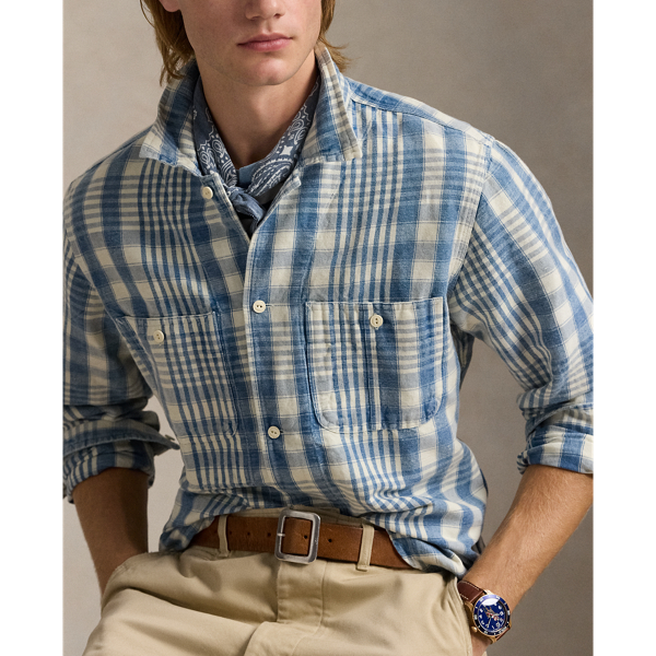 ✨美品✨POLO RALPH LAURENリネン チェック半袖ワークシャツ M ラルフローレン リネン チェック 半袖ワークシャツ M マチ付き
