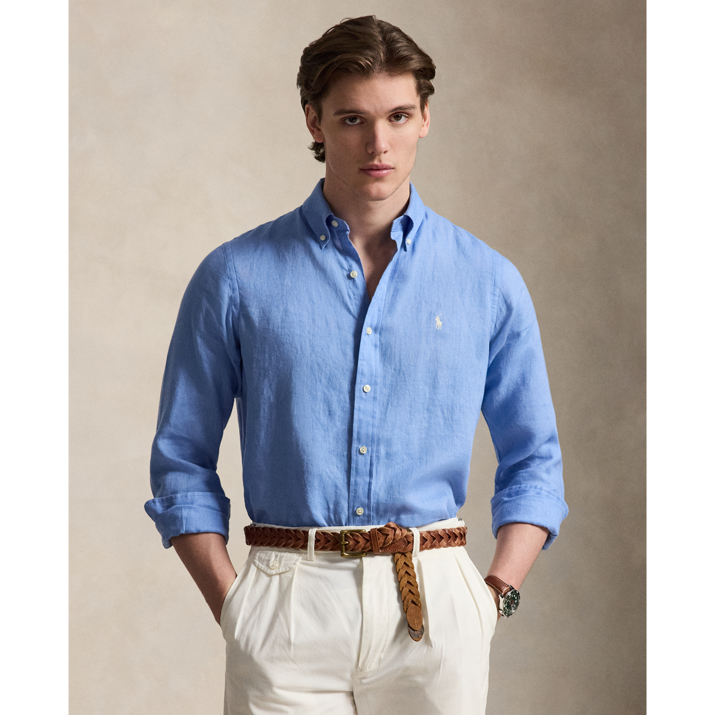 Мужская рубашка Ralph Lauren Lightweight Linen – All Fits, цвет: Синий — фото 4