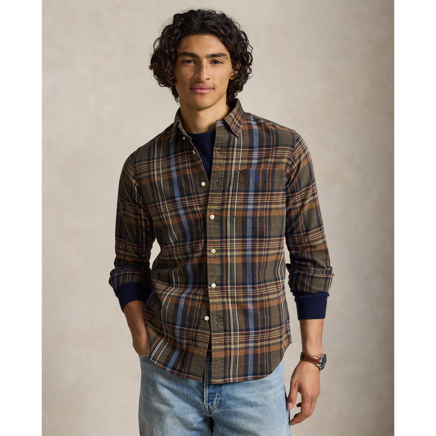 Мужская рубашка Ralph Lauren Classic Fit Plaid Oxford, цвет: Оливковый коричневый разноцветный — фото 4