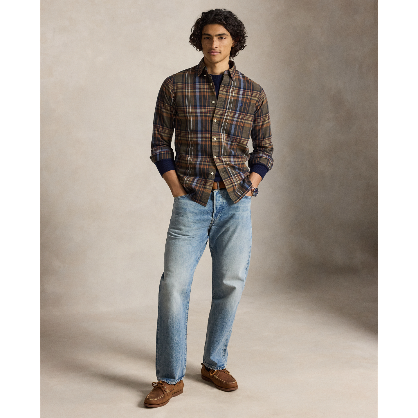 Мужская рубашка Ralph Lauren Classic Fit Plaid Oxford, цвет: Оливковый коричневый разноцветный — фото 1