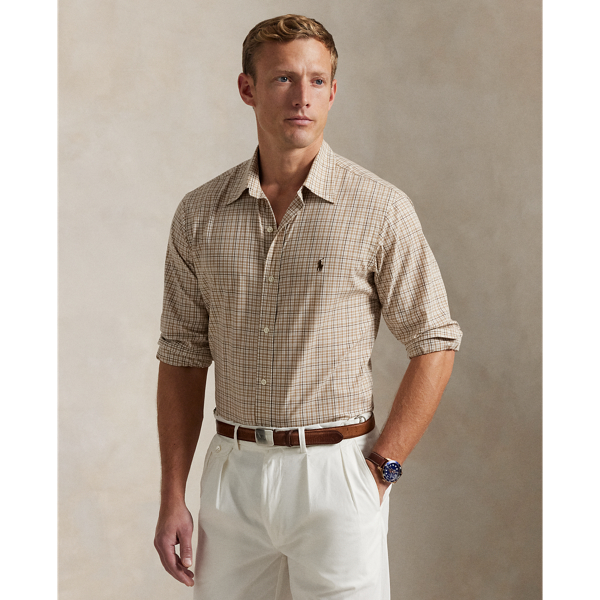 White/Khaki Multi Custom Fit Checked Stretch Poplin Shirt Polo Ralph Lauren 1