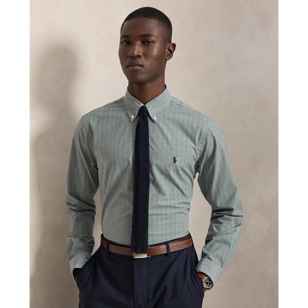 Moss Agate White Custom Fit Checked Stretch Poplin Shirt Polo Ralph Lauren 1