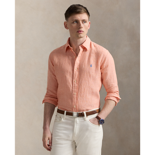 Poppy/White Gestreiftes Custom-Fit Leinenhemd Polo Ralph Lauren 1