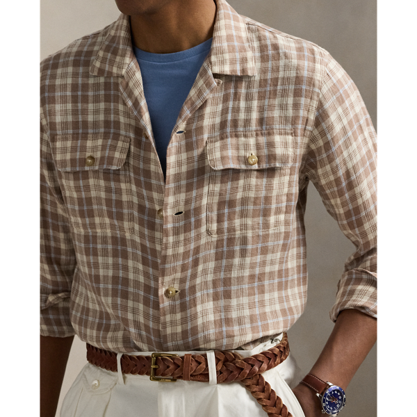 Classic Fit Plaid Linen Camp Shirt