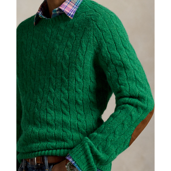 Suede-Patch Cable-Knit Sweater