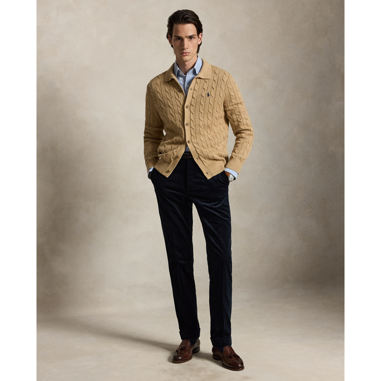 Мужской кардиган Ralph Lauren Cable-Knit Cotton, цвет: Верблюжий меланжевый — фото 1