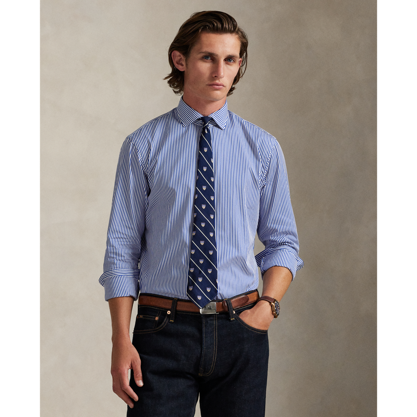 Мужская рубашка Ralph Lauren Classic Fit Striped Poplin, цвет: Синий / Белый — фото 4