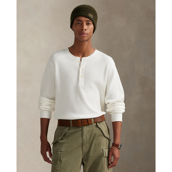 Waffle-Knit Cotton Henley Shirt