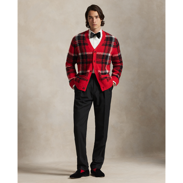 Karierte Strickjacke mit Wildlederbesatz