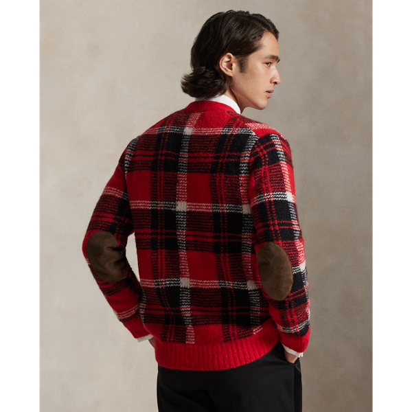 Karierte Strickjacke mit Wildlederbesatz