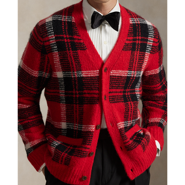 Karierte Strickjacke mit Wildlederbesatz