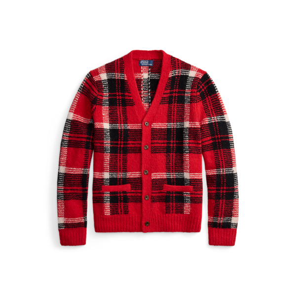 Karierte Strickjacke mit Wildlederbesatz