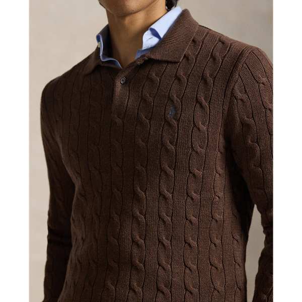 Dark Roast Melange Cable-Knit Cotton Polo-Collar Jumper Polo Ralph Lauren 6