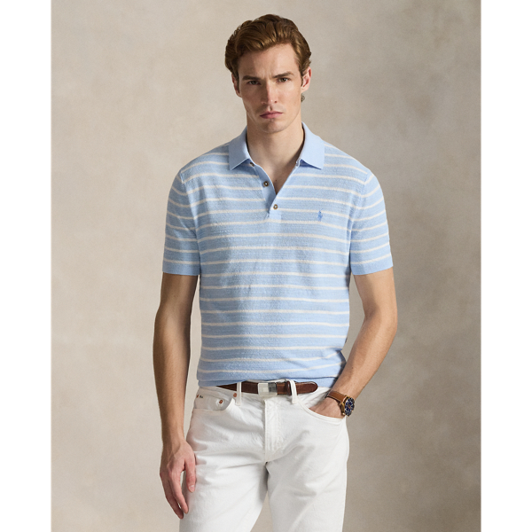Striped Cotton-Linen Polo Sweater