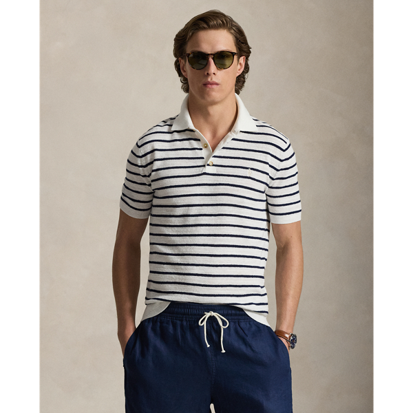 Polo Ralph Lauren 스트라이프 코튼 리넨 폴로 칼라 스웨터 덱워시 화이트 콤보 1