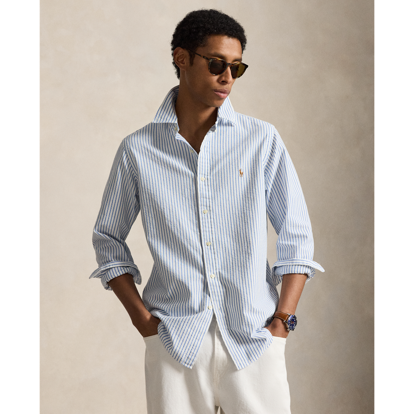 Polo Ralph Lauren Рубашки Ralph Lauren Classic Fit Seersucker Oxford, цвет: Белый / Синий — фото 4